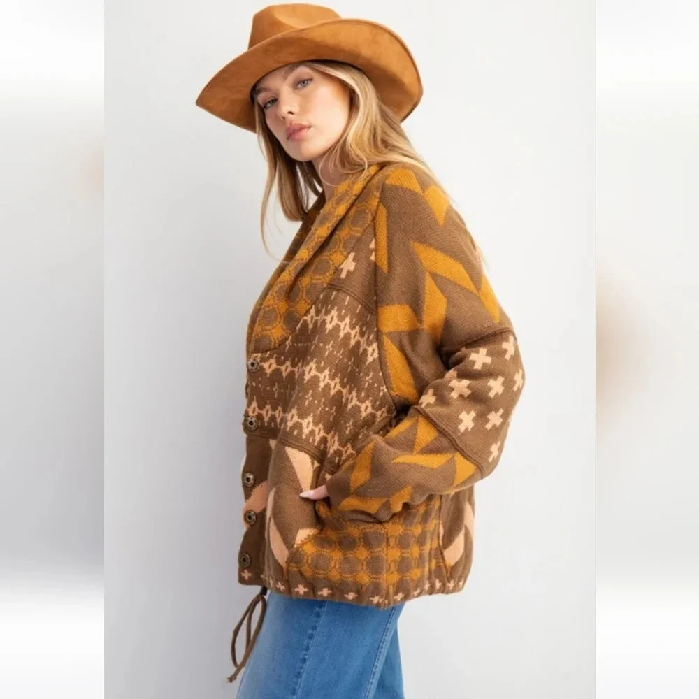 New Easel Ethnic Printed Knit Sweater Cardigan M - Picture 5 of 6